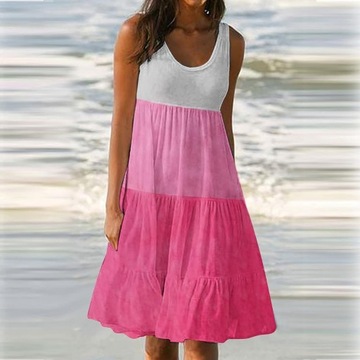 Damska letnia sukienka plażowa bez rękawów, marszczona, z dekoltem w kształcie litery O, sukienka Midi, M