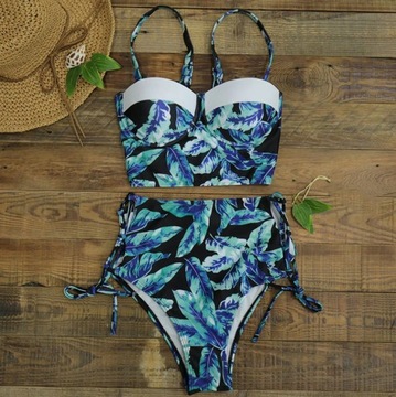 BIKINI STRÓJ KĄPIELOWY WYSOKI STAN CZARNY LIŚĆ M