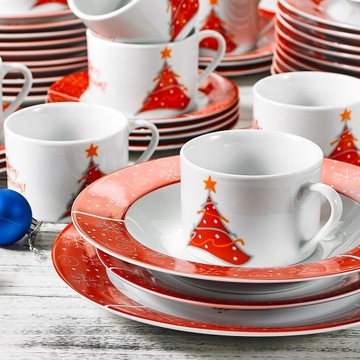 Świąteczny Zestaw Talerzy Obiadowych Boże Narodzenie 60 elementów Choinka