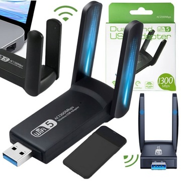 ZEWNĘTRZNA KARTA SIECIOWA WI-FI ADAPTER USB 3.0 1300Mbps DUAL 2 ANTENY 5Ghz