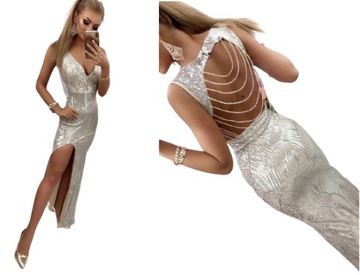 Cameleon DŁUGA CEKINOWA SREBRNO/BEŻOWA SUKIENKA M