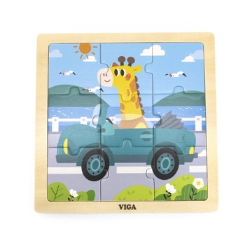 VIGA Poręczne Drewniane Puzzle Żyrafa w aucie 9 el