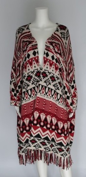 H&M PONCHO BOHO HIPPIE AZTECKI WZÓR FRĘDZLE KOLOROWE KOC NARZUTKA