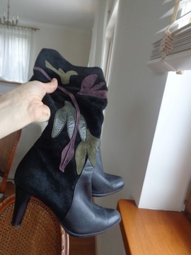 Buty Kozaki Damskie Skóra roz. 37 aplikacja