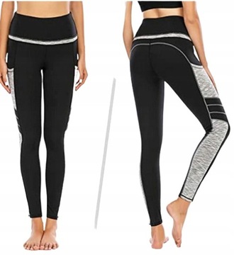 Legginsy Damskie Wysoki Stan z Kieszeniami Czarne/Szare Paski XS