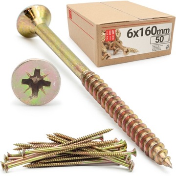 Wkręty do drewna 160 mm hartowane żółte ocynkowane 6x160 uniwersalne 50szt.