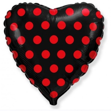 BALON foliowy czarne SERCE w czerwone groszki 45 cm na walentynki