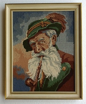 Stylowy Obraz Tkany Gobelin Leśniczy Myśliwy Rama Drewno 50,5 x 40,5 cm