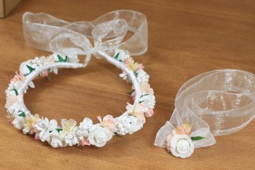 Венок на голову для причастия, белый, розовый + браслет, 100% ручная работа