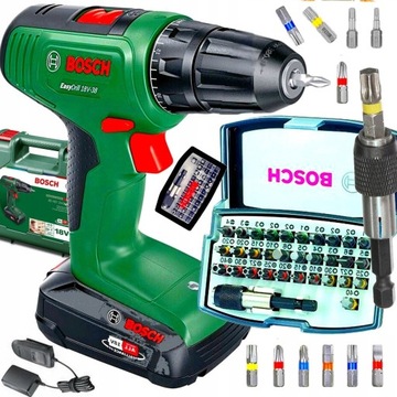 Wiertarko wkrętarka 18 V 38 Nm 2Ah BOSCH + BOSCH ZESTAW BITÓW 32 el WALIZKA