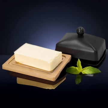 Maselniczka czarna ceramiczna z pokrywką i bambusową podstawką 14,5 x 10,5