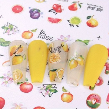 ВОДНЫЕ НАКЛЕЙКИ для украшения ногтей, лист из 12 рисунков, летние фруктовые украшения