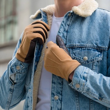 Zimowe rękawiczki skórzane MĘSKIE KASZMIR DOTYKOWE BRĄZ