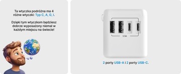 VOOMY Z Дорожный адаптер для более чем 170 стран — 2 USB A 2 Usbc, белый