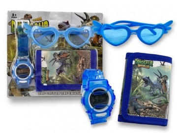 Portfelik zegarek okulary zestaw z dinozaurem