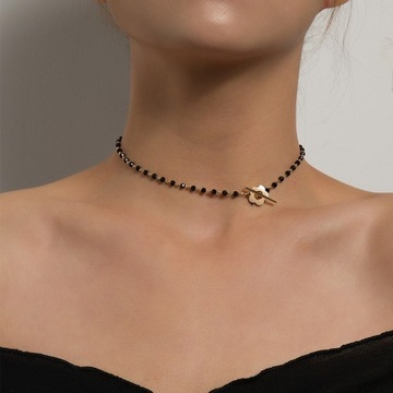 NASZYJNIK CZARNY CHOKER KORALIKI Boho Krótki Kwiatek Złoty