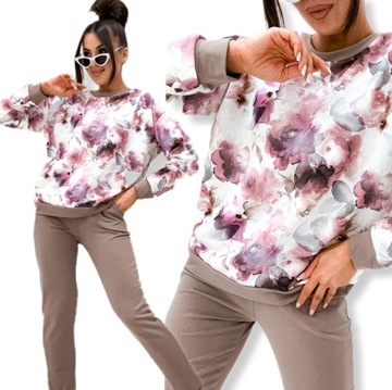DRES DAMSKI BAWEŁNIANY KOMPLET DRESOWY W KWIATY PREMIUM PL BEŻ RÓŻ S 36