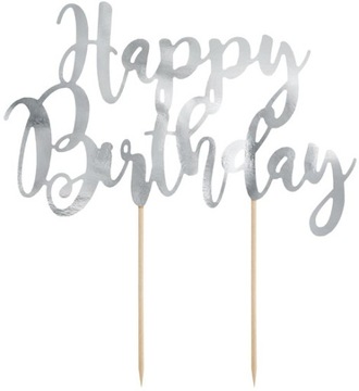 TOPPER DEKORACJA NA TORT URODZINOWY SREBRNY NAPIS HAPPY BIRTHDAY 22,5 CM
