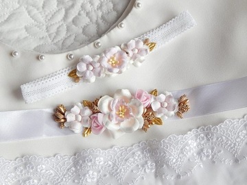 RÓŻANY Zestaw Chrzest OPASKA i PASEK do sukienki