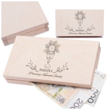 Prezent na KOMUNIE świętą pamiątka pudełko grawerowane na pieniądze eco box