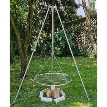 Grill nierdzewny trójnóg 200cm + ruszt 90cm+ kołowrotek zestaw INOX PREMIUM