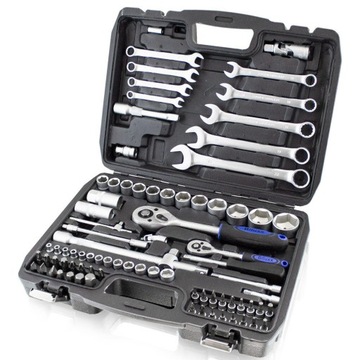 Накидные ключи, трещотки, торцевые головки, биты, чемодан, 82x