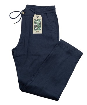 Spodnie męskie letnie 100% lniane na gumce-wiązane granatowe W46