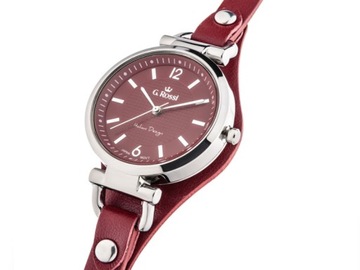 Srebrny czerwony zegarek damski na skórzanym pasku stylowy dla niej modny