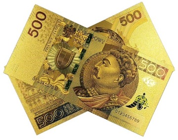 Позолоченная коллекционная банкнота 500 ZŁOTYCH SOBIESKI, цветная версия, УНИКАЛЬНАЯ.