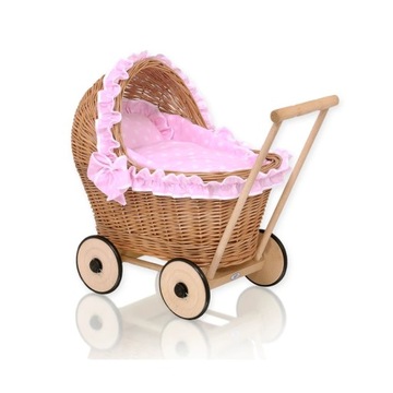 Плетеная кукольная коляска с розовым постельным бельем и мягким