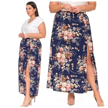 SPÓDNICA MAXI DAMSKA DŁUGA Z ROZCIĘCIEM WZÓR W KWIATY ZWIEWNA MODNA MORAJ M