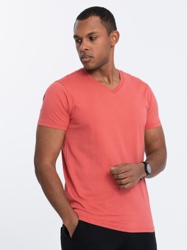 Męska bawełniana koszulka z dekoltem serek BASIC różowa V12 OM-TSBS-0145 M