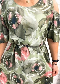 Sukienka w kwiaty khaki odkryte ramiona L/XL