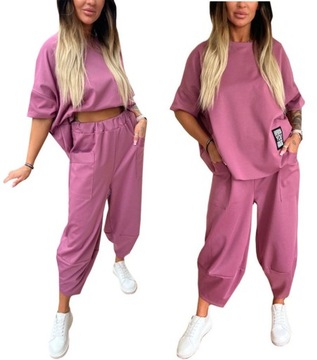 WŁOSKI ELEGANCKI KOMPLET BAWEŁNIANY BLUZKA SPODNIE DRESOWY OVERSIZE 2XL