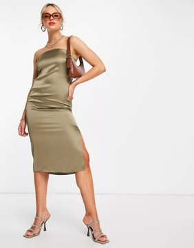 RIVER ISLAND 42 XL DOPASOWANA SATYNOWA SUKIENKA MIDI KHAKI R8071