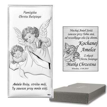 OBRAZEK SREBRNY DLA CHRZEŚNIAKA CHRZEŚNICY PAMIĄTKA NA CHRZEST ANIOŁ STRÓŻ