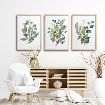 3x 30x40 CM ZESTAW TRZY OBRAZY PLAKAT W RAMIE DREWNIANEJ BOHO LIŚĆ TRYPTYK