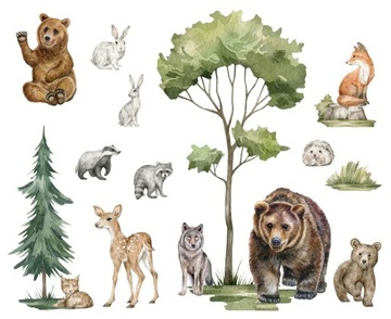 Naklejki na ścianę LAS drzewa forest zwierzęta XL