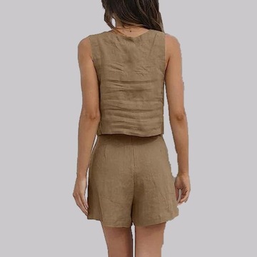 Повседневные приталенные льняные шорты-двойки с укороченным топом для лета.