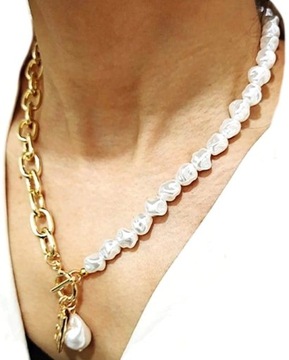 Naszyjnik elegancki damski złoty choker łańcuch z perłami zawieszka