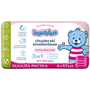 BAMBINO 3w1 Chusteczki emolientowe hipoalergiczne dla niemowląt dzieci 57x4
