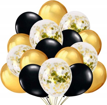 Balony przezroczyste z konfetti ZŁOTE CZARNE urodzinowe 1-99 urodziny 12szt