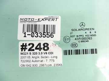 MERCEDES S TŘÍDA W221 LONG SKLO (OKNO) DVEŘE LEVÝ ZADNÍ