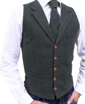 Brown Casual Gentleman Men's Army Green Vest Plaid