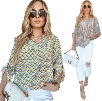 BLUZKA DAMSKA koszula luźna elegancka print dekolt guziki