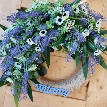 Дверной венок ДОБРО ПОЖАЛОВАТЬ весна ЛАВАНДА свадебный фиолетовые цветы 40см