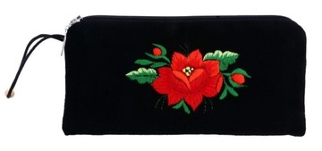 Etui na okulary, kosmetyczka, folk haft łowicki, czerwona róża (czarne)