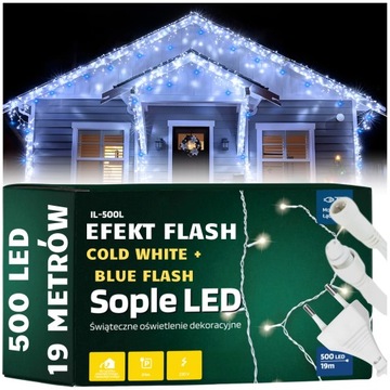 DŁUGIE LAMPKI SOPLE ŚWIĄTECZNE ZEWNĘTRZNE 500 LED 19M FLASH Z FLESZEM GRUBE
