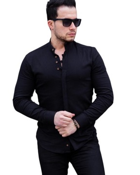 KOSZULA MĘSKA GŁADKA STÓJKA CZARNA CASUAL - XXL