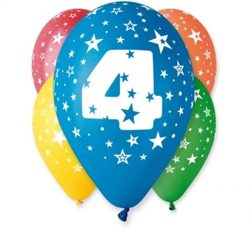 Balony Urodzinowe z Nadrukiem-Cyferka Nr 4- 5 szt.